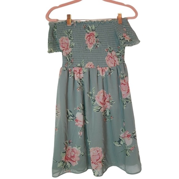 Show Me Your Mumu Sage Green Floral Smocked Off Shoulder Mini Dress Small NWT - Picture 7 of 9